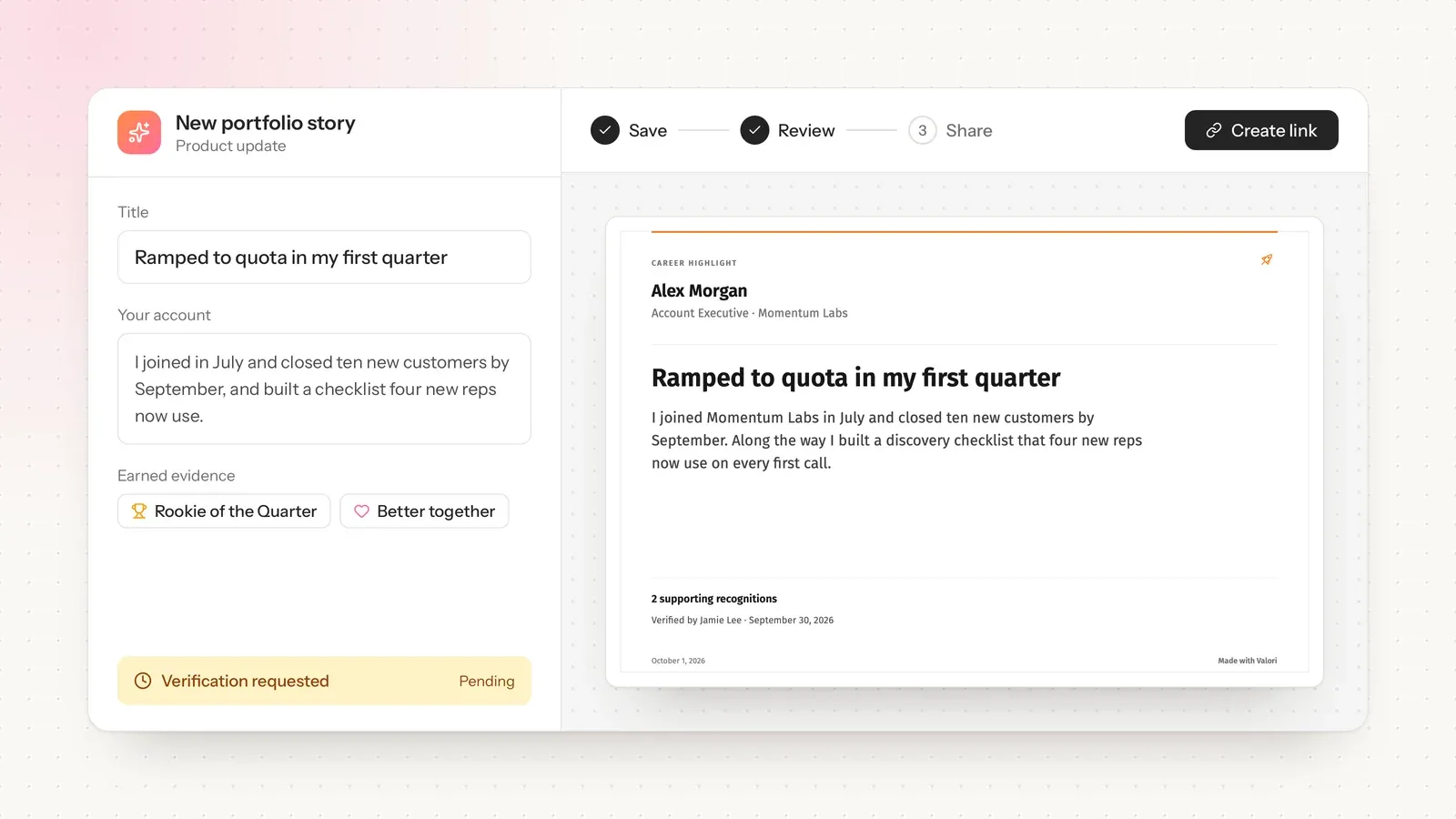 The Valori portfolio story editor with attached evidence and pending verification, beside a career highlight preview.
