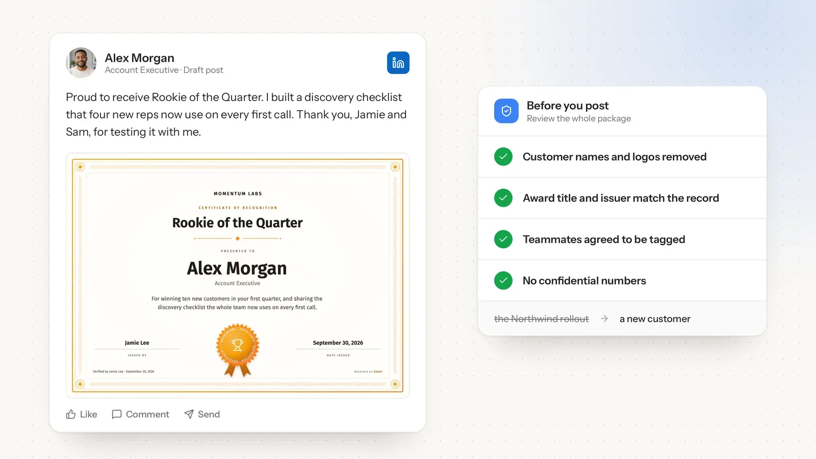A draft LinkedIn post sharing Alex Morgan's Rookie of the Quarter certificate, beside a pre-publish privacy checklist.