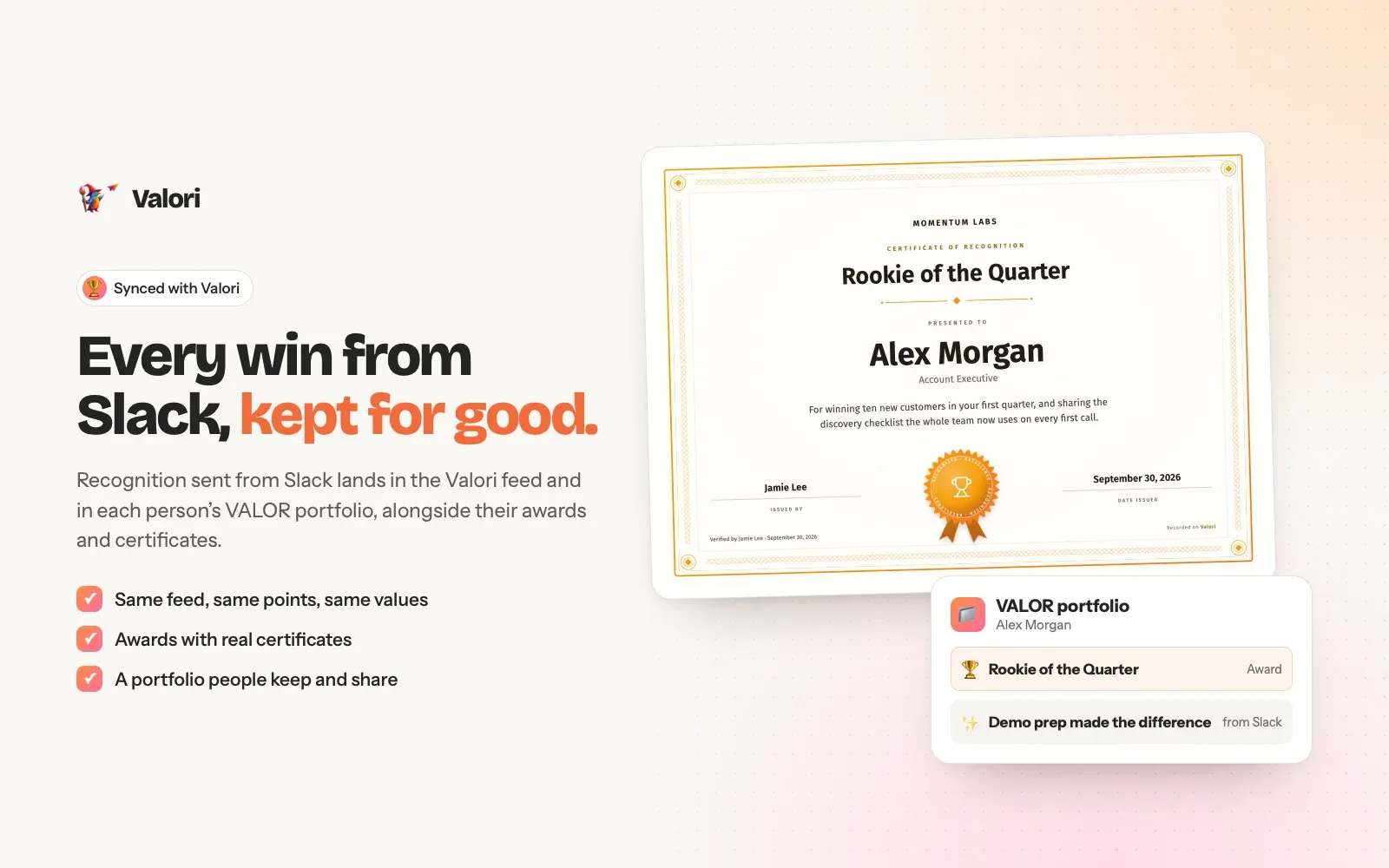 An award certificate and a Valori portfolio that includes a recognition sent from Slack.